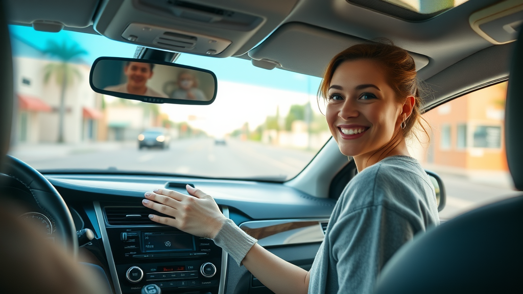 Vehicle interior in Orange County, woman enjoying cool air from her summer car care orange california AC repair—refreshing, highly detailed scene