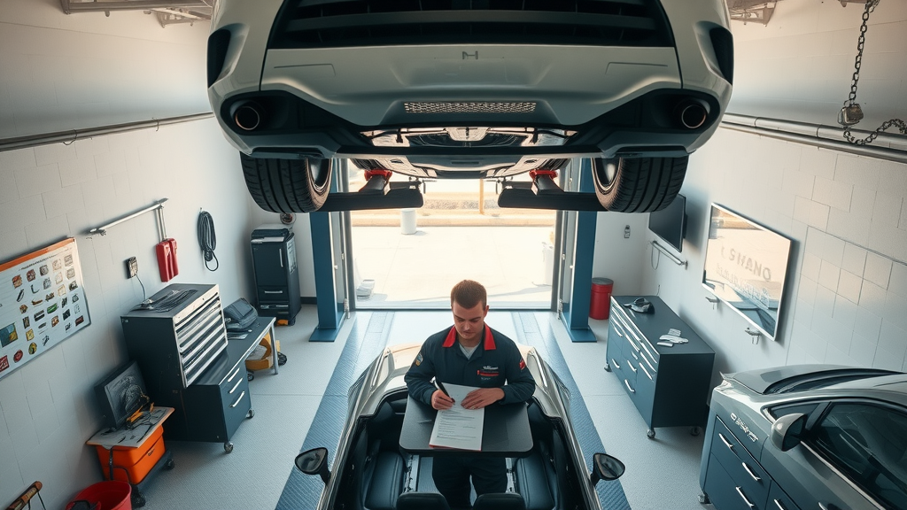 Mechanic performing a multi-point inspection for summer car care orange california—raised vehicle, Orange County landscape visible, photorealistic overhead view