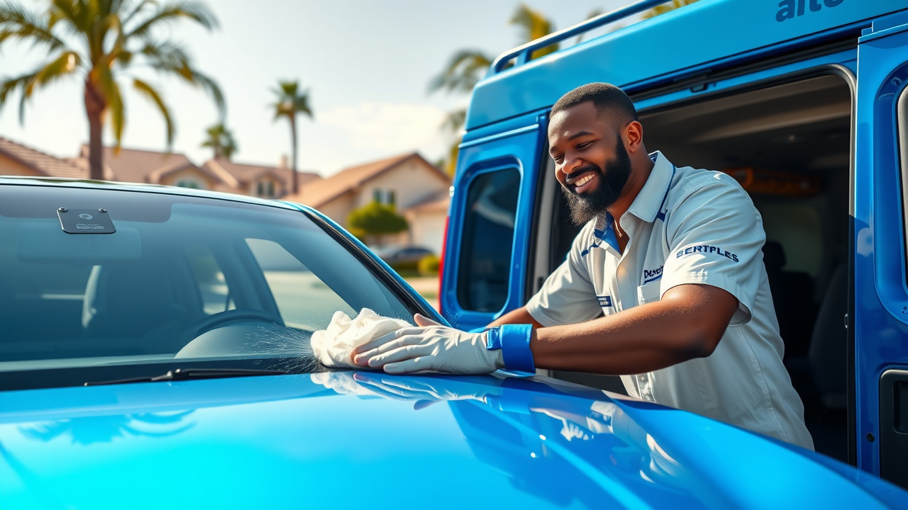 mobile auto detailing orange ca professional van cleaning car Orange County palm trees residential driveway