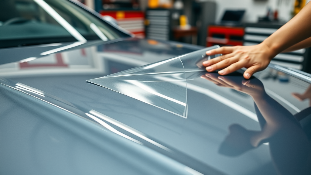 Macro shot of transparent paint protection film being applied to vehicle hood as part of paint protection summer detailing
