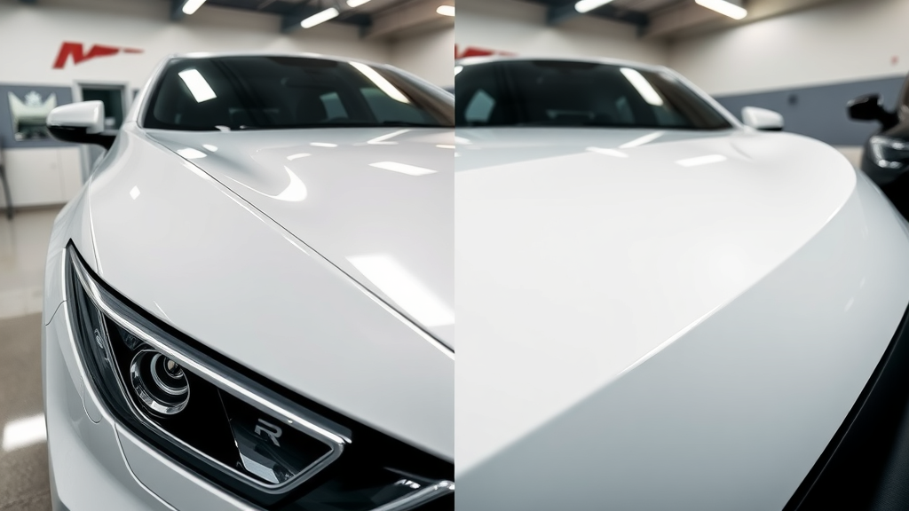 Split-screen showing glossy ceramic coating on left, paint protection film