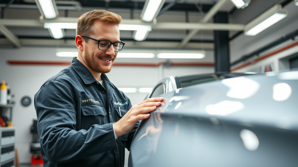 Auto detailer performing final inspection on a freshly-protected car after paint protection summer detailing process
