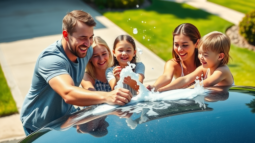Happy family washing their car during summer after applying paint protection summer detailing