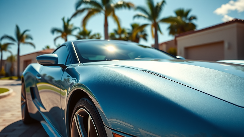 Pristine professional auto detailing Orange CA - luxury car gleaming in Orange County driveway, sunlight and palm trees