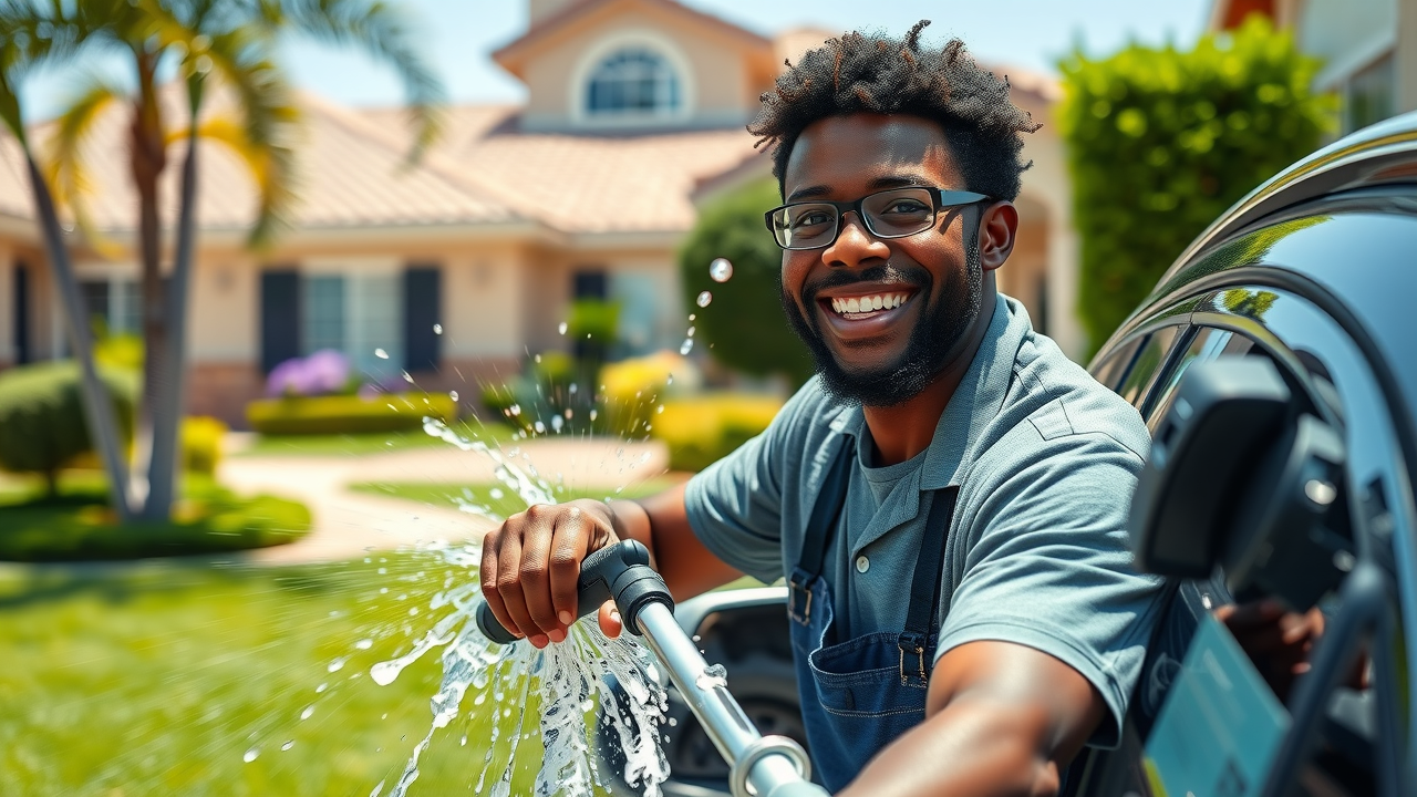 Mobile detailing Orange CA - detailer cleaning car at customer home, friendly and professional appearance