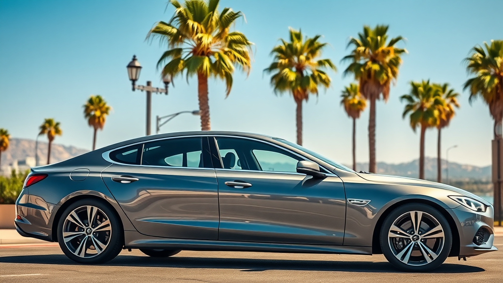 Sleek modern sedan with gleaming paint reflecting palm trees, showcasing exterior car detailing Orange California