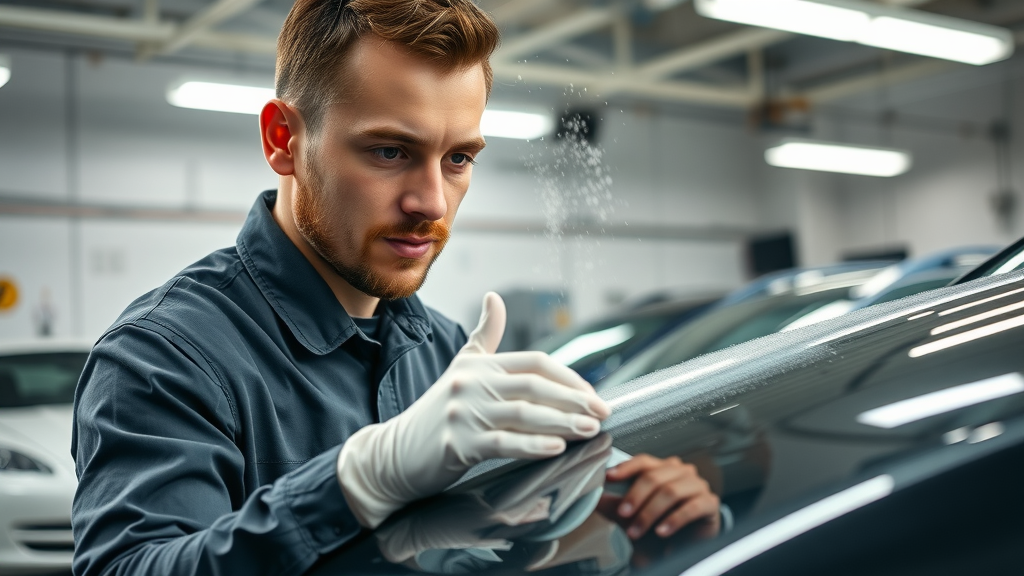 Professional car detailer applying ceramic coating to a vehicle