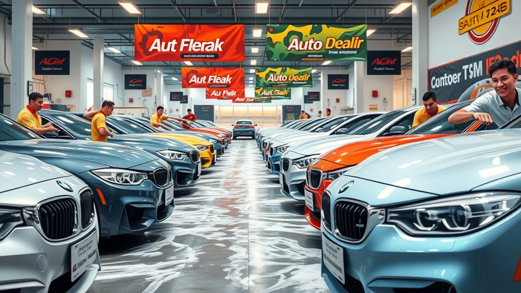 Various cars in different stages of exterior car detailing Orange California, technicians at work