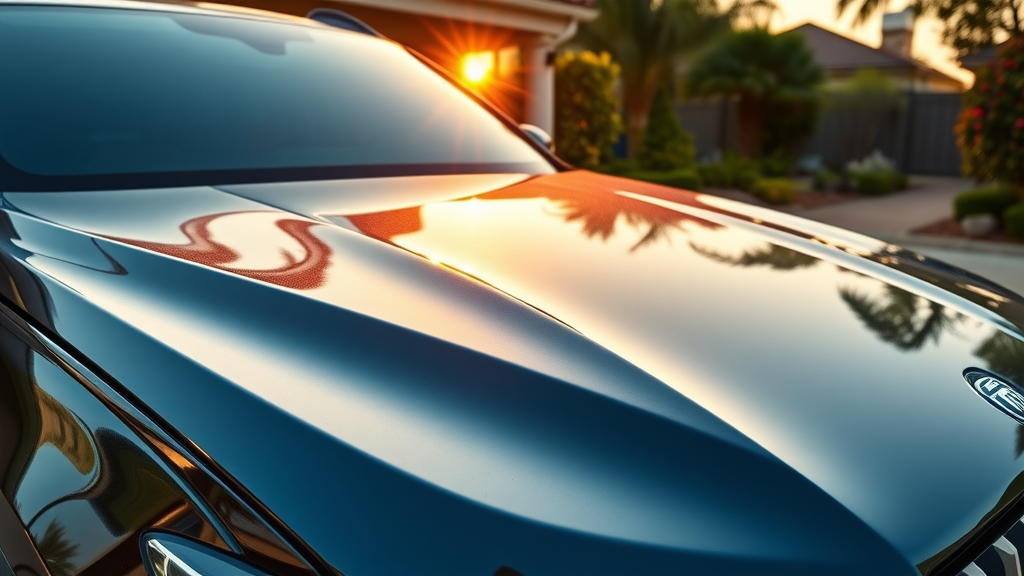 Shiny luxury SUV reflecting sunrise, showcasing paint protection and ceramic coating in Orange County