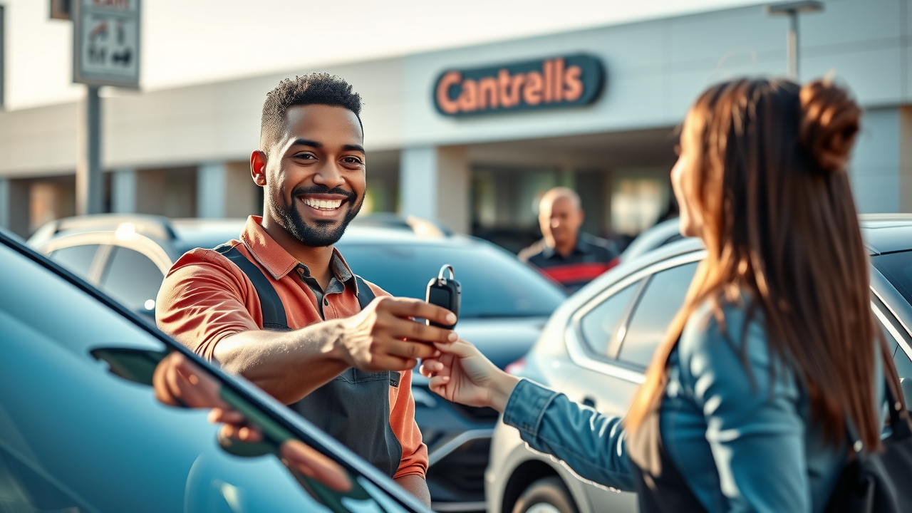 Friendly car detailer handing over keys to happy customer after exterior car detailing in Orange California