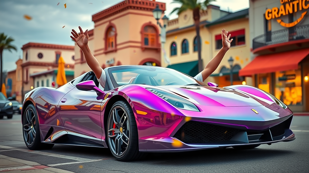 Pristine sports car with vibrant finish in front of a classic Orange County landmark after exterior car detailing