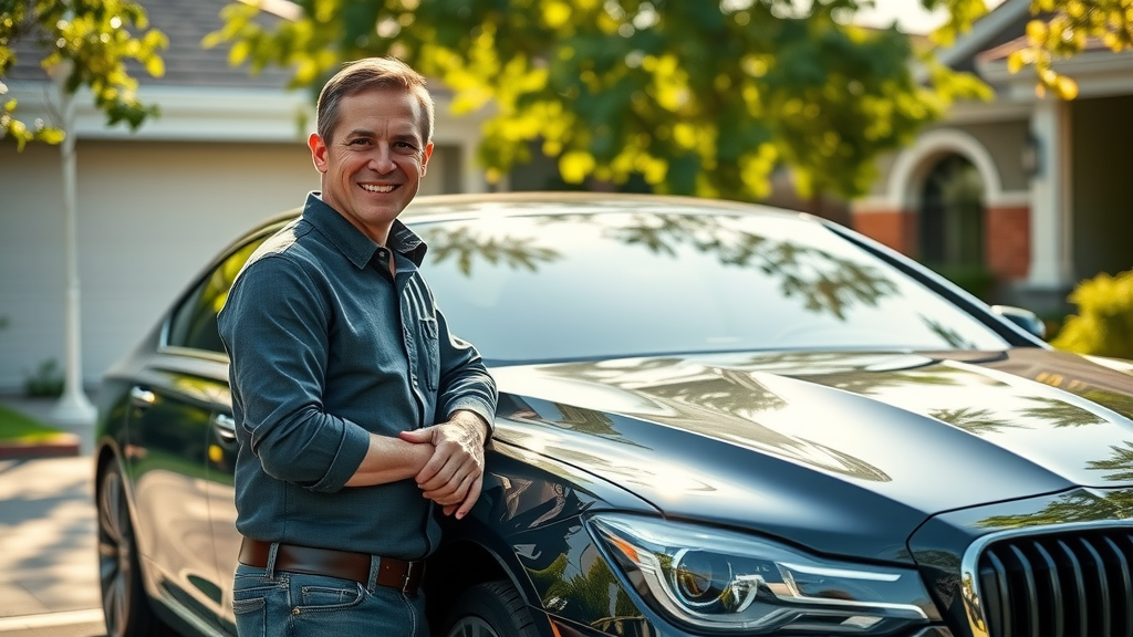 ceramic coating care for luxury sedan car in driveway with confident owner