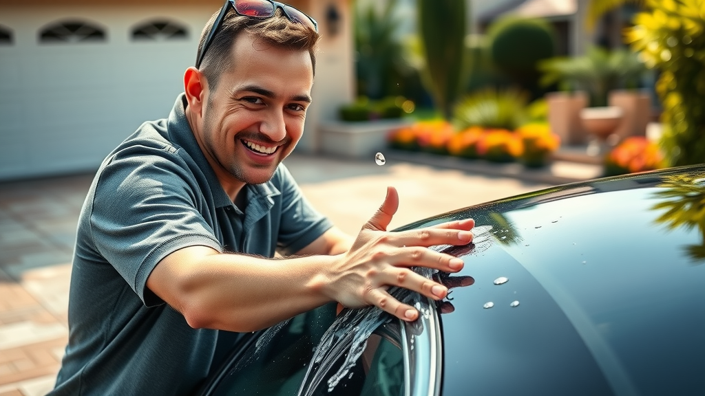 car owner hand washing ceramic coated sports car with water and wash mitt