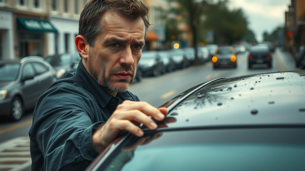 concerned owner inspecting water spots on ceramic coated car