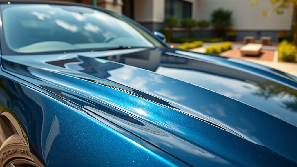 Sleek high-end coated car with immaculate glossy ceramic finish, water beading in sunlight on upscale driveway