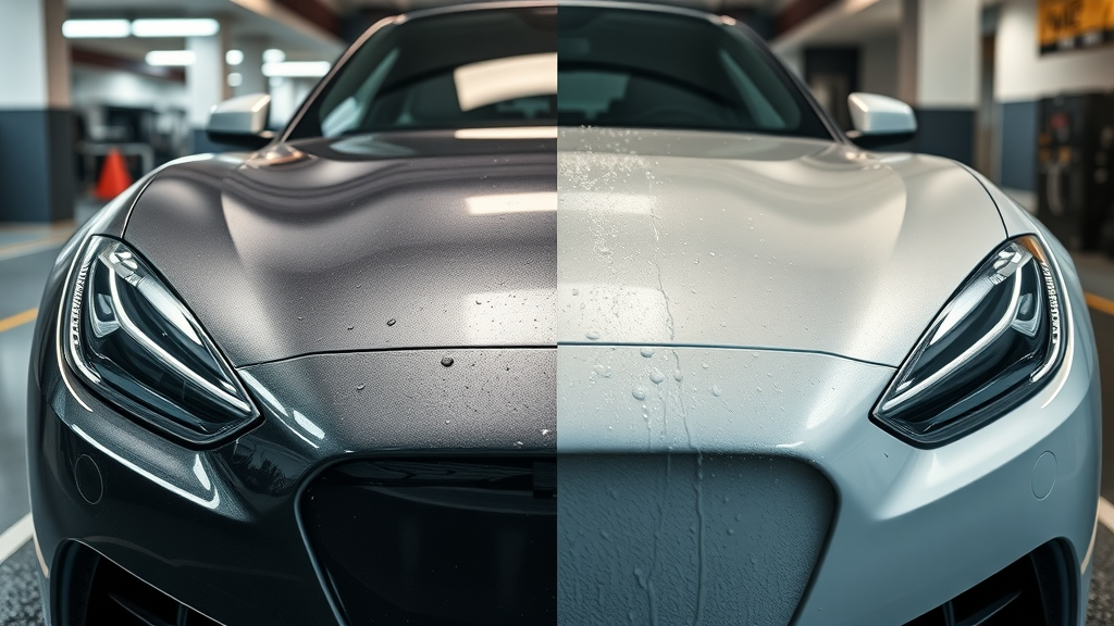 Side-by-side comparison: glossy ceramic coated car versus faded, water-spotted wax finish