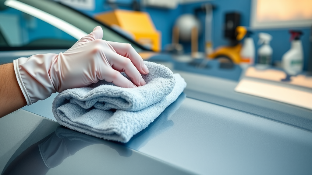 Cleaning ceramic coated car with microfiber towel, bright detailing studio setting
