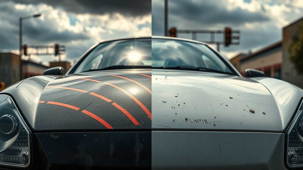 Ceramic coated car exposed to harsh sun, acid rain, and bird droppings with visible paint damage and water spots
