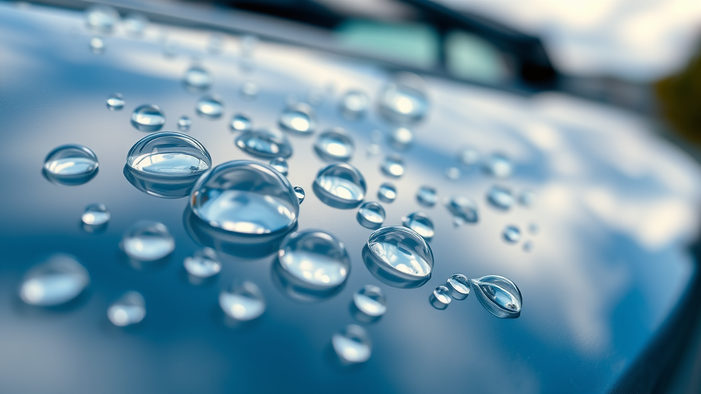 Close-up water beading on ceramic coated car surface, hydrophobic effect, sharp detail in daylight