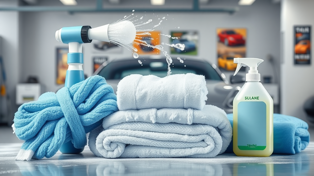 How to maintain ceramic coating with car washing tools: foam cannon, microfiber wash mitt, towels, and gentle car soap arranged in a clean garage