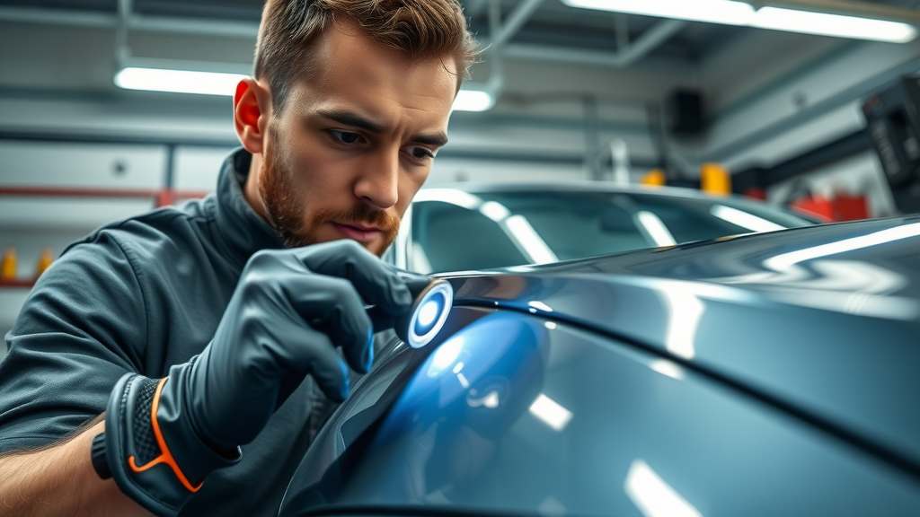 Professional detailer inspecting a ceramic-coated car