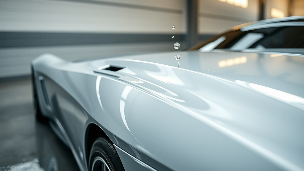 sleek ceramic coated car with pristine ceramic coated surface and water beads under sunlight in a clean garage setting.