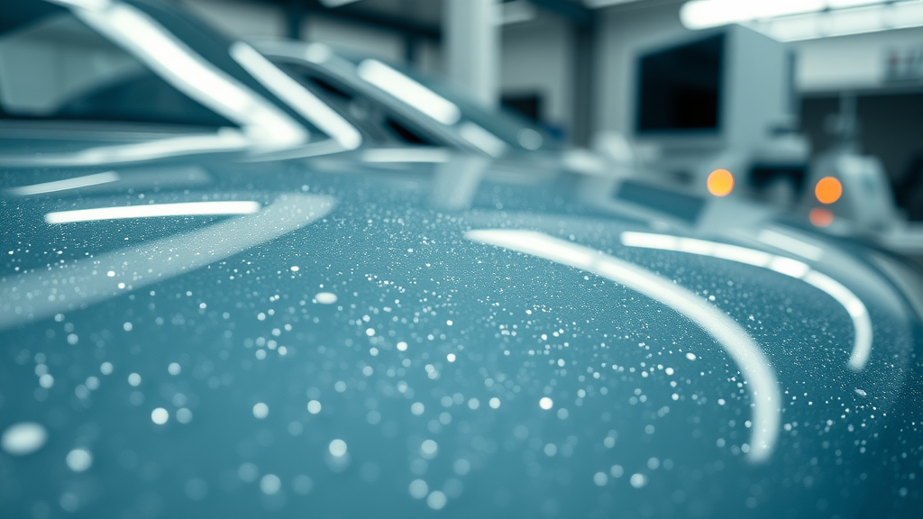 close up of a modern car surface with ceramic coating nanotechnology protection illustrated by a semi-transparent shield.