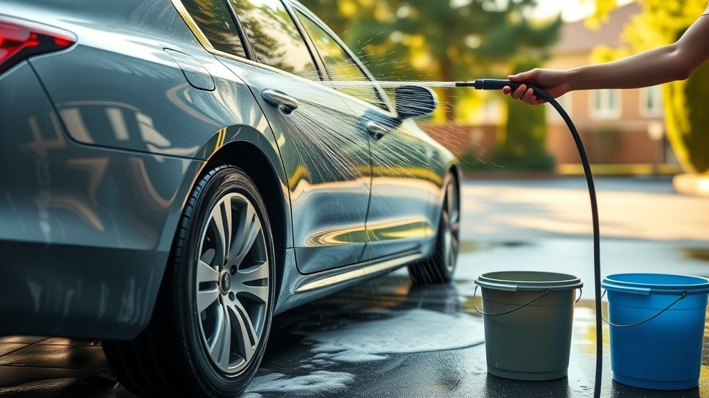 person safely washing a ceramic coated car using two-bucket method and gentle rinse.