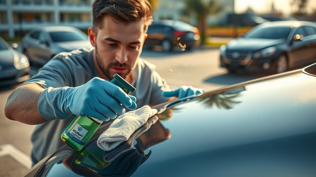person in gloves safely removing bird dropping from ceramic coated vehicle with detailing supplies.