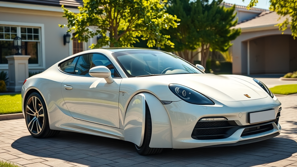 Sleek luxury car with ceramic coated immaculate paint, parked in a sun-soaked driveway with a flawless finish and sparkling reflections