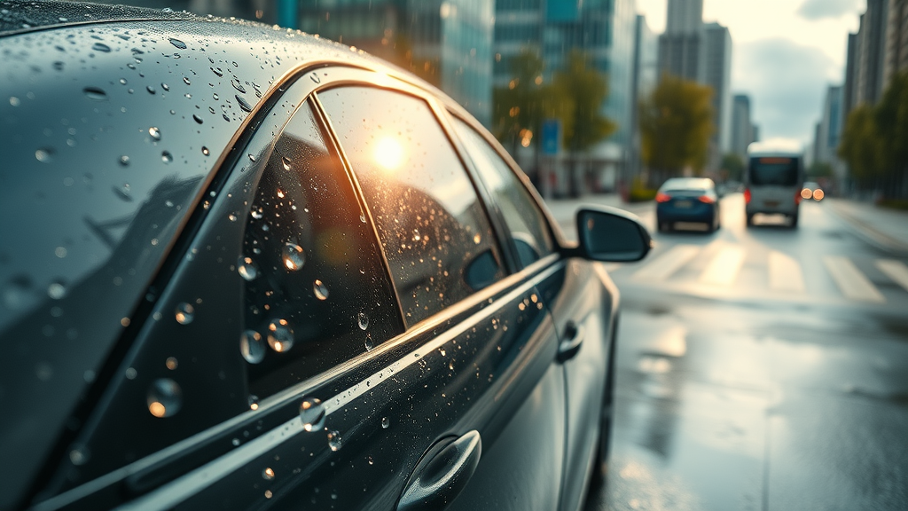 Car exposed to heavy rain and sunlight, demonstrating the protection of ceramic coating against harsh environmental factors