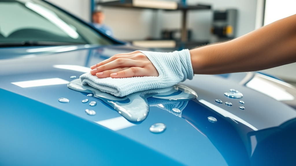 Professional car detailer gently hand-washing a shiny ceramic coated vehicle using a microfiber mitt in a detailing bay