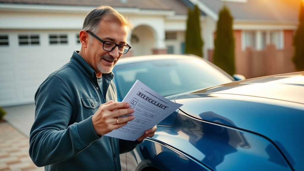 Car owner inspecting ceramic coated finish with checklist in hand, in a residential driveway with sapphire blue car in morning light
