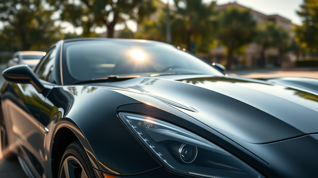 Ceramic coating protection on a black sports car, glistening finish under sunlight in an urban parking lot