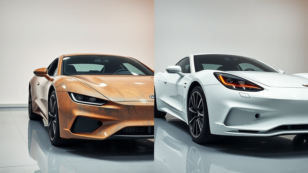 Side-by-side comparison of car with faded paint and one with lustrous ceramic coating protection, showing gloss difference