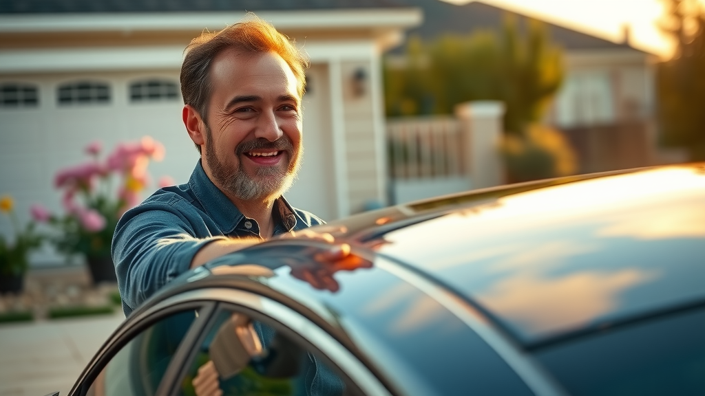 Happy car owner admiring ceramic-coated vehicle