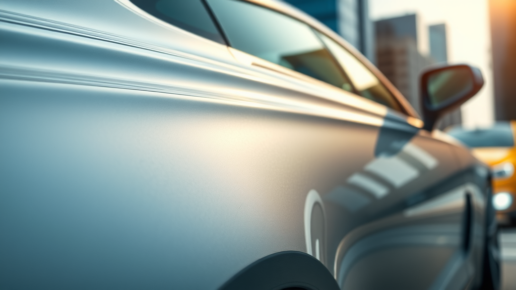 Sleek modern car exterior with the best products for ceramic coating, shimmering gloss, reflecting city skyline