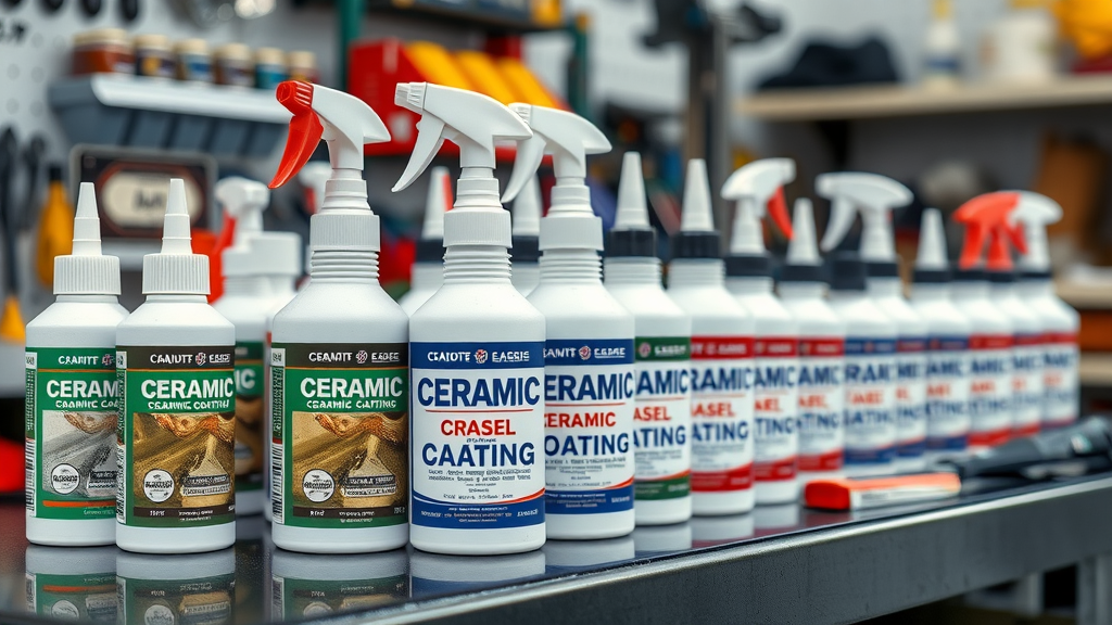 Ceramic coating products and applicators neatly displayed, featuring the best products for ceramic coating in a modern automotive garage