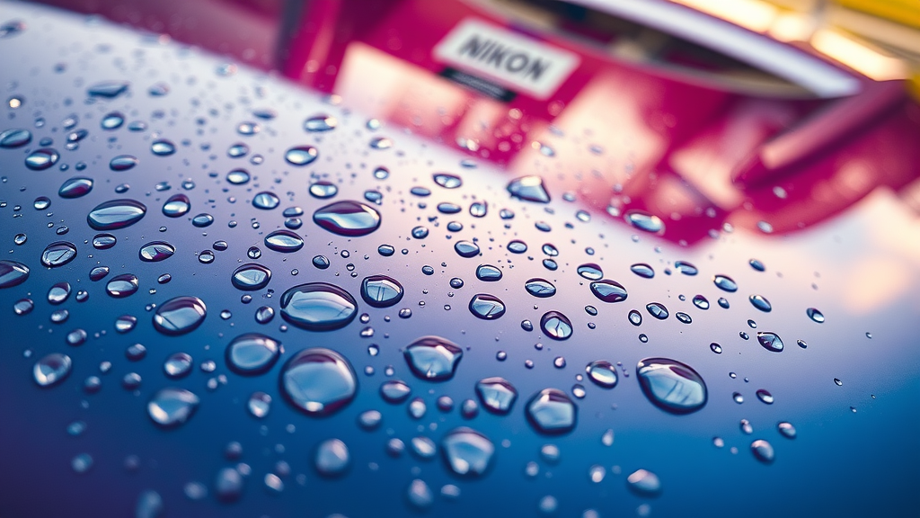 Close-up of water droplets beading perfectly on ceramic coated car paint for best products for ceramic coating