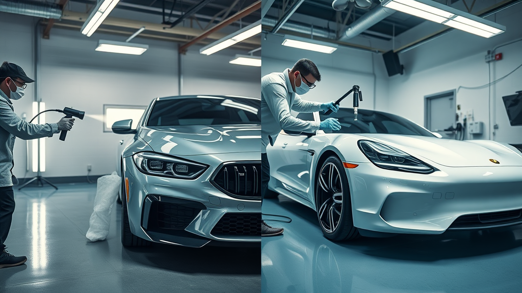 Visual split of ceramic spray vs. professional ceramic coating application, showcasing best products for ceramic coating