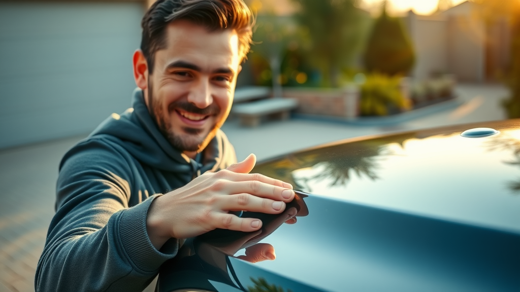 Satisfied customer admiring car protected with best products for ceramic coating, hand on glossy finish