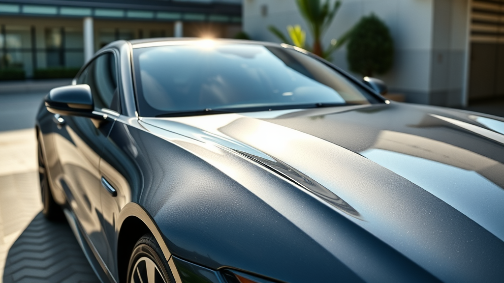 ceramic coated car shining after proper washing techniques, pristine paint reflecting sunlight, demonstrating water beading and deep gloss