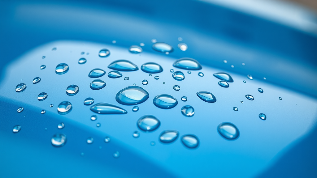 close up water beading on ceramic coated car surface, hydrophobic effect, illustrates ceramic coat