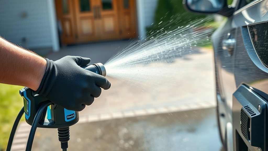 pressure washer washing ceramic coated car, precise water spray at ideal pressure, safeguards ceramic coat during cleaning