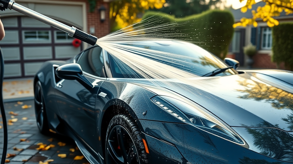 person pressure washing ceramic coated car, careful pre-wash to safely remove dirt, protecting ceramic coating during car care
