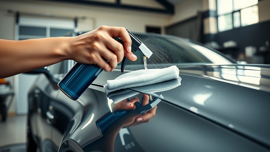 auto detailer applying waterless wash spray to ceramic coated car, safe cleaning technique for light dust preserving hydrophobic effect