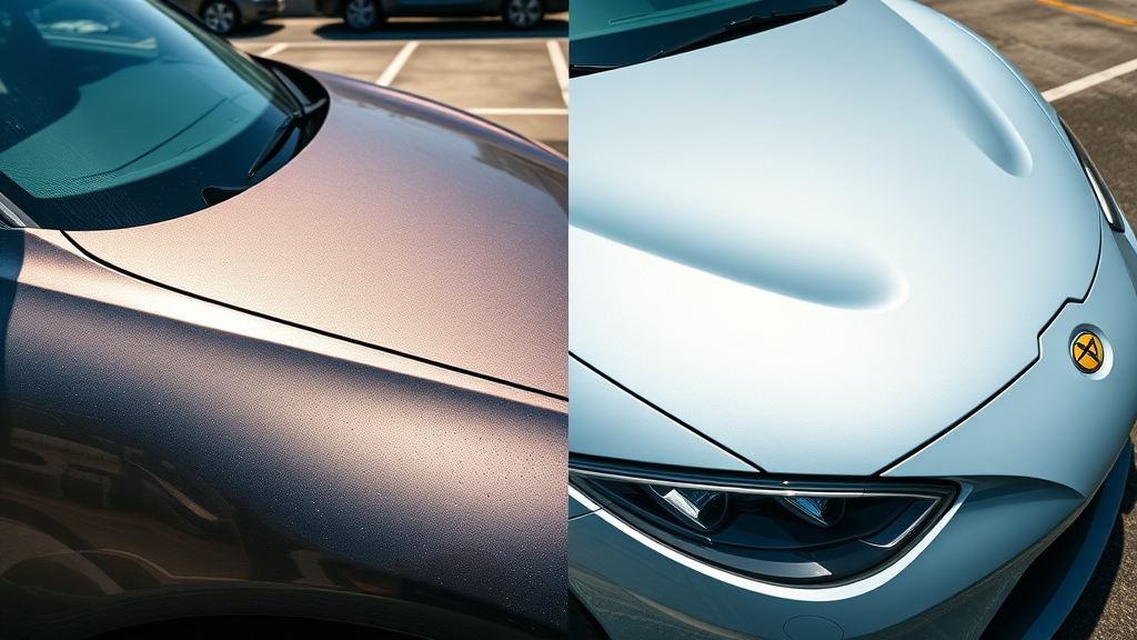 side by side visual comparison of non-coated car with water spots and dull finish, versus ceramic coated car with gloss and water beading