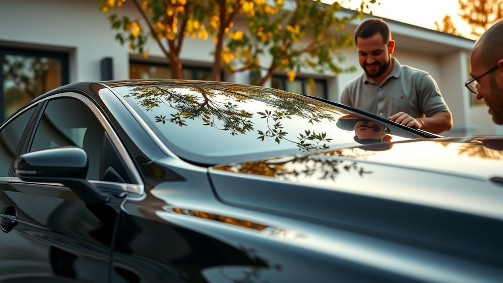 luxury sedan freshly detailed with ceramic coating, mirror-like finish, owner admiring the result, perfect paint protection shining in sunset