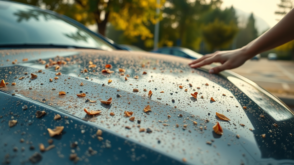 car hood covered with tree sap and bird droppings inspected by car owner ceramic coating longevity environmental conditions