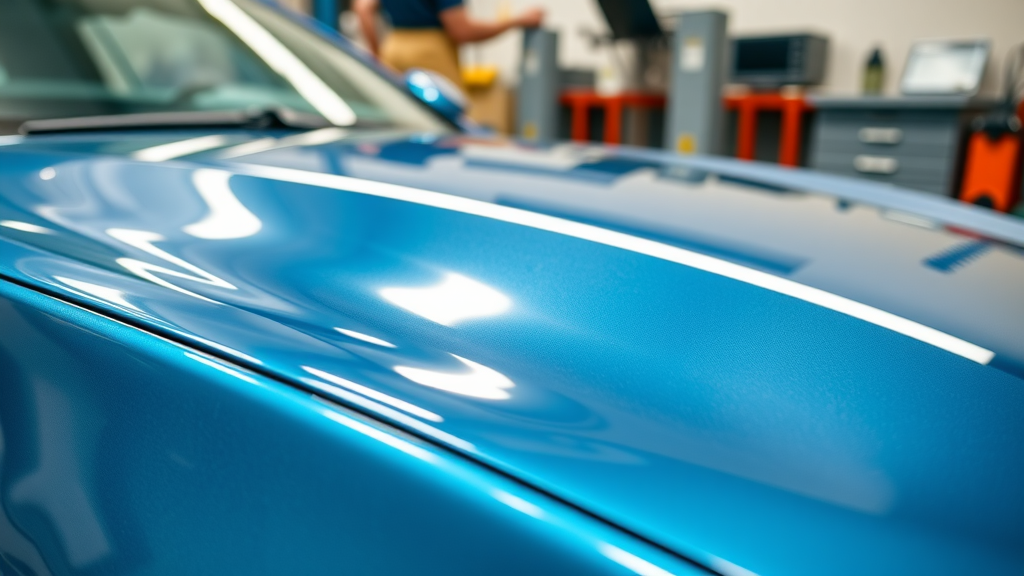 Shiny modern car with ceramic coating scratch resistance highlighted under inspection in a car workshop